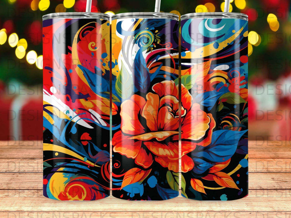 Tumbler with vibrant abstract floral design in red, blue, and yellow.