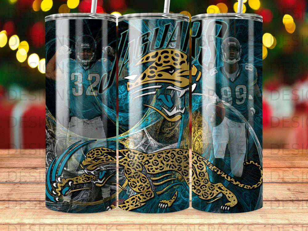 Jacksonville Jaguars player and jaguar graphic on a tumbler.
