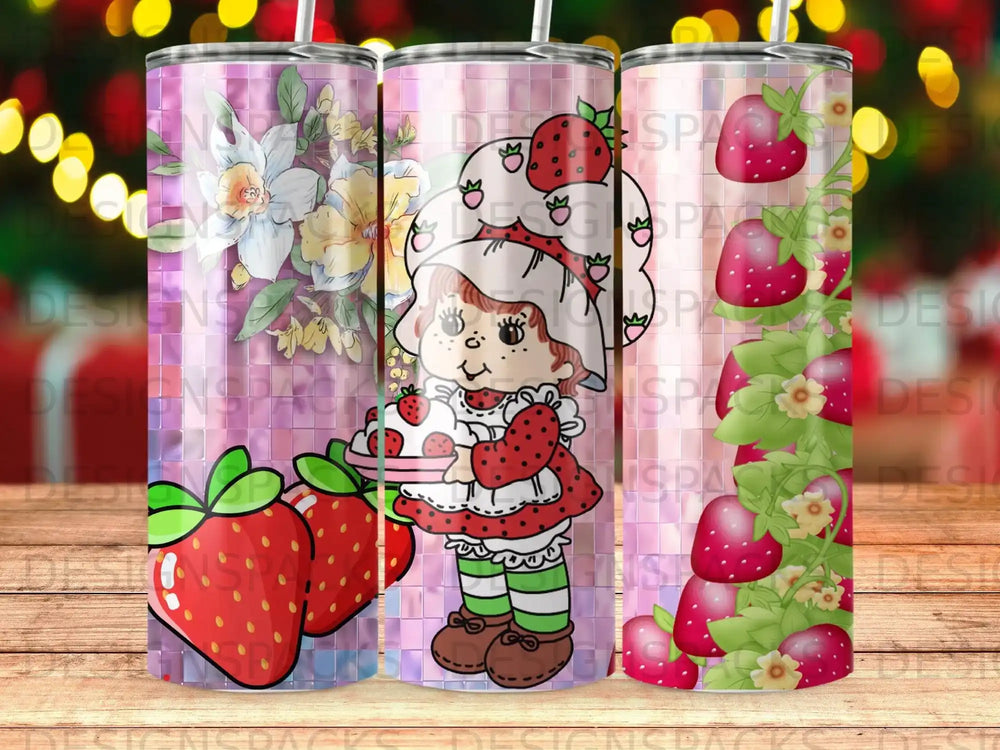 Strawberry Shortcake character with strawberries and floral pattern on a tumbler.