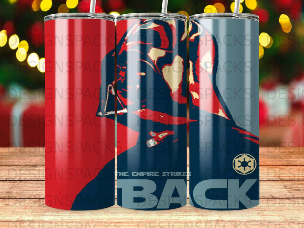 Darth Vader and Star Wars text on three cylindrical tumblers.