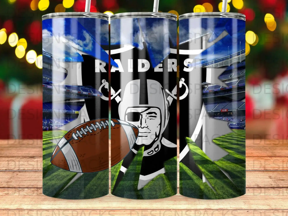 Las Vegas Raiders football tumbler with team logo and stadium background.