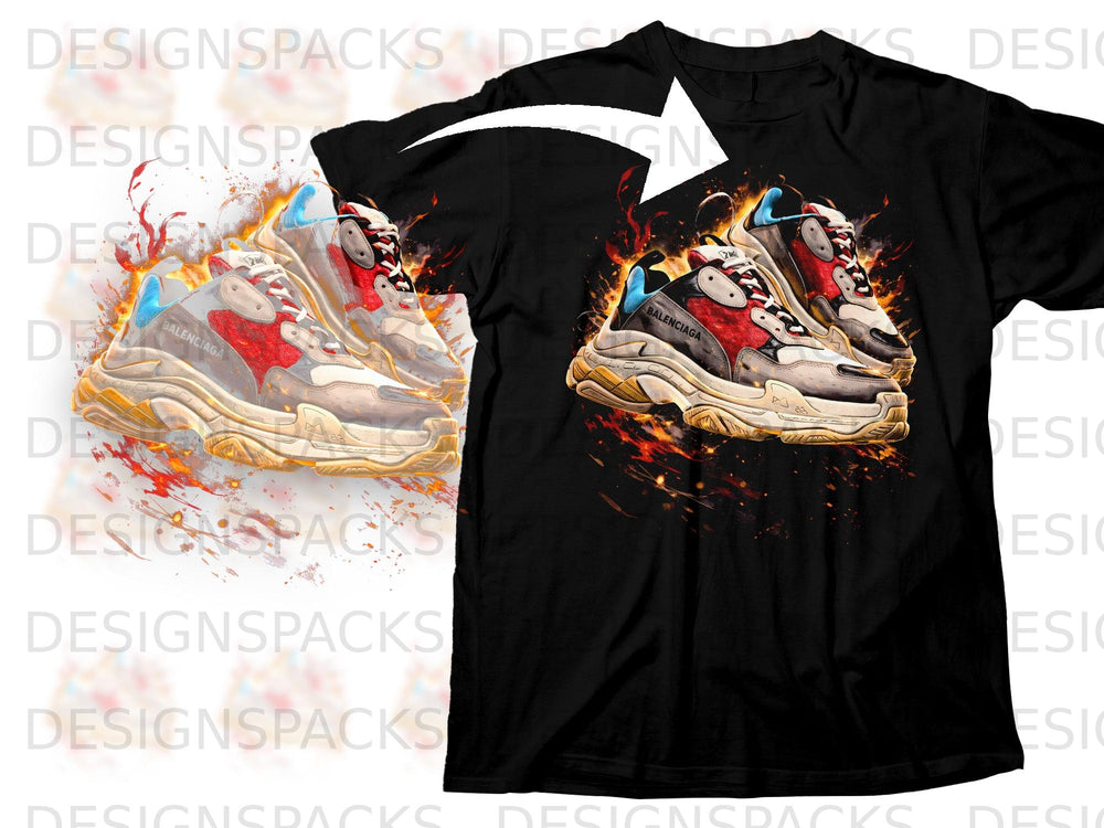 Balenciaga sneakers with red and white accents on a black t-shirt with flames.