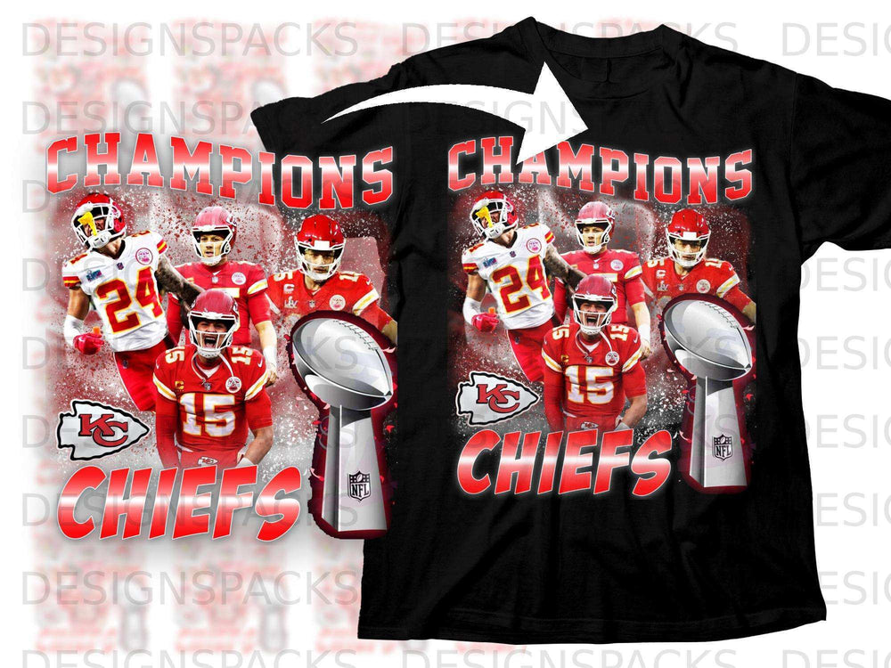 Kansas City Chiefs Champions t-shirt with trophy and players numbered 15 and 24.
