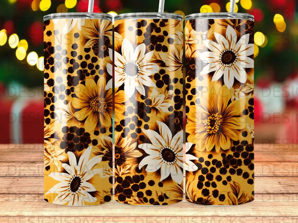Leopard print tumbler with large white and yellow floral pattern.