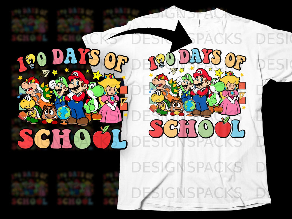 Mario characters celebrate "100 Days of School" with colorful text and globe.