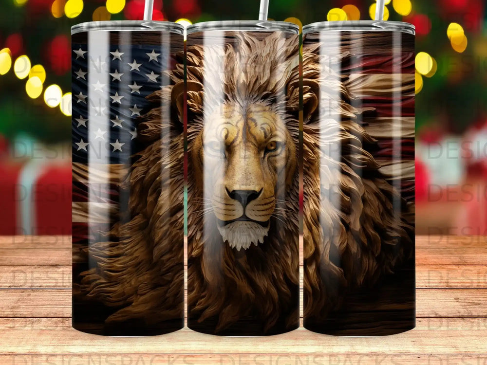 Lion face with American flag pattern on a tumbler.