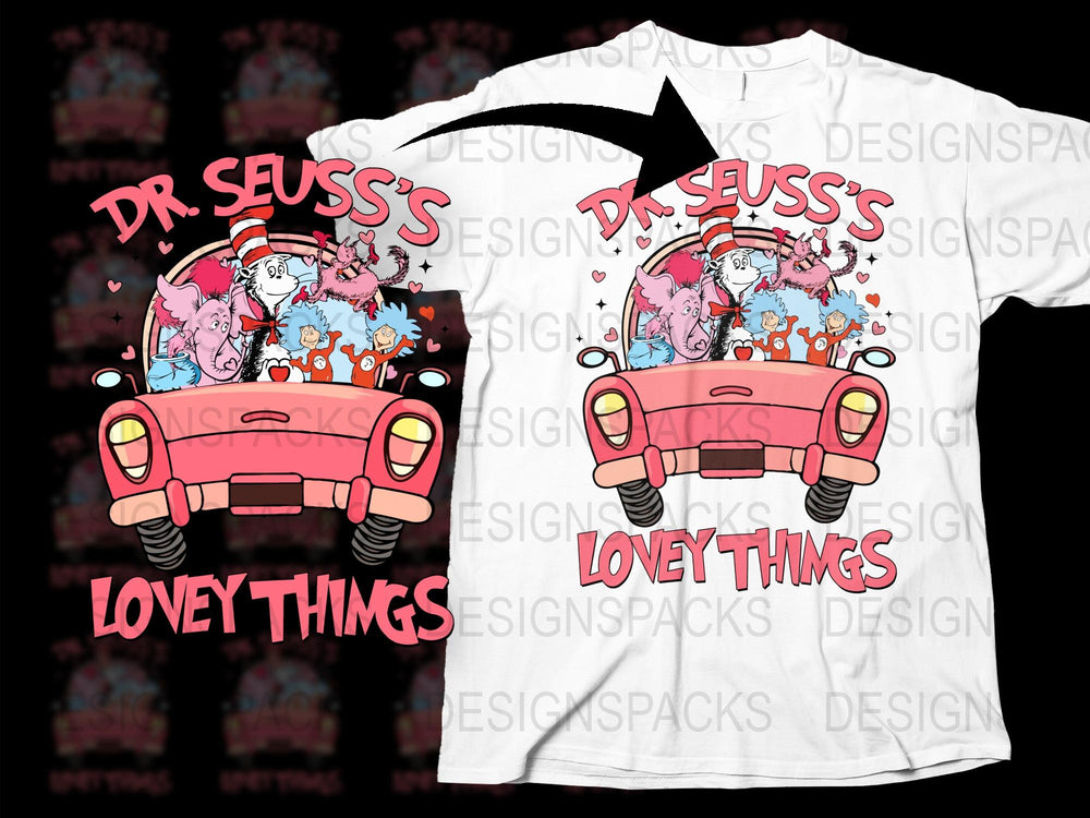 Dr. Seuss's Lovely Things Graphic T-Shirt, Colorful Cartoon Car and Characters Design, Kids and Adult Sizes Available