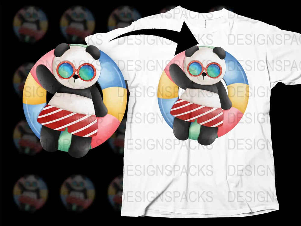 Unique Panda Print T-Shirt, Colorful Swim Ring, Summer Beachwear, Unisex Graphic Tee