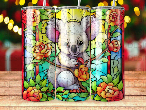 Stained glass koala on a branch with colorful roses.