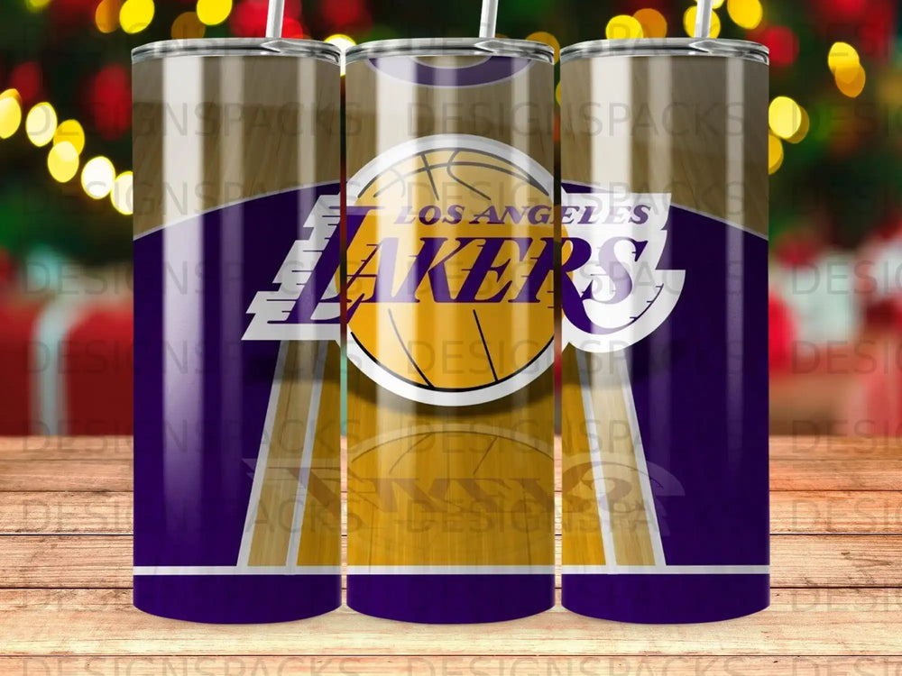 Los Angeles Lakers basketball team tumbler with team logo and purple and gold colors.