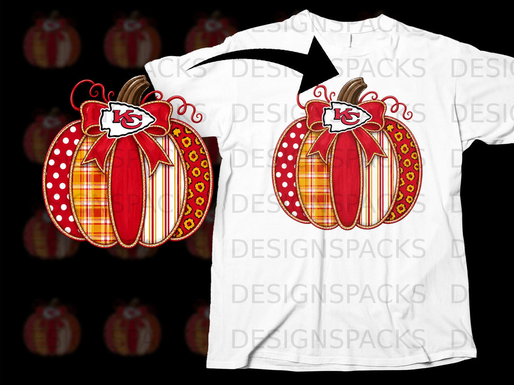 Patchwork pumpkin with Kansas City Chiefs logo on a white t-shirt.