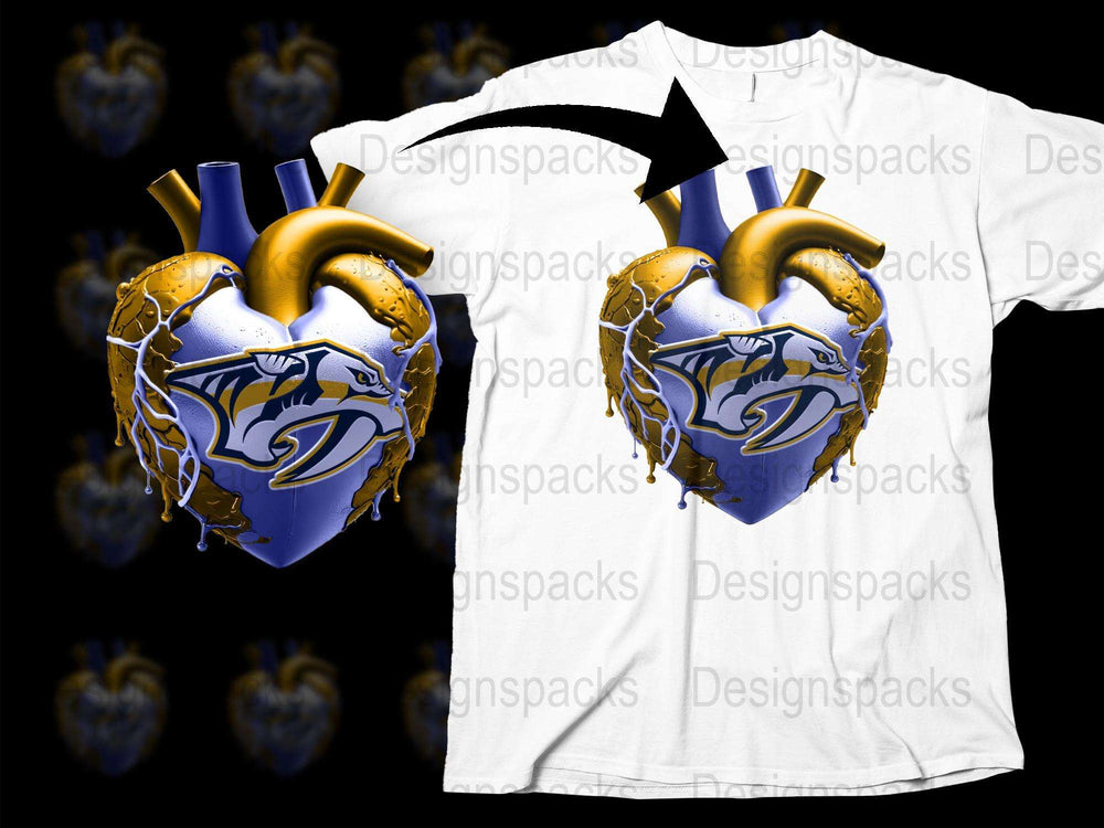 Unique Graphic T-Shirt with Blue and Gold Heart Design, Stylish Casual Wear
