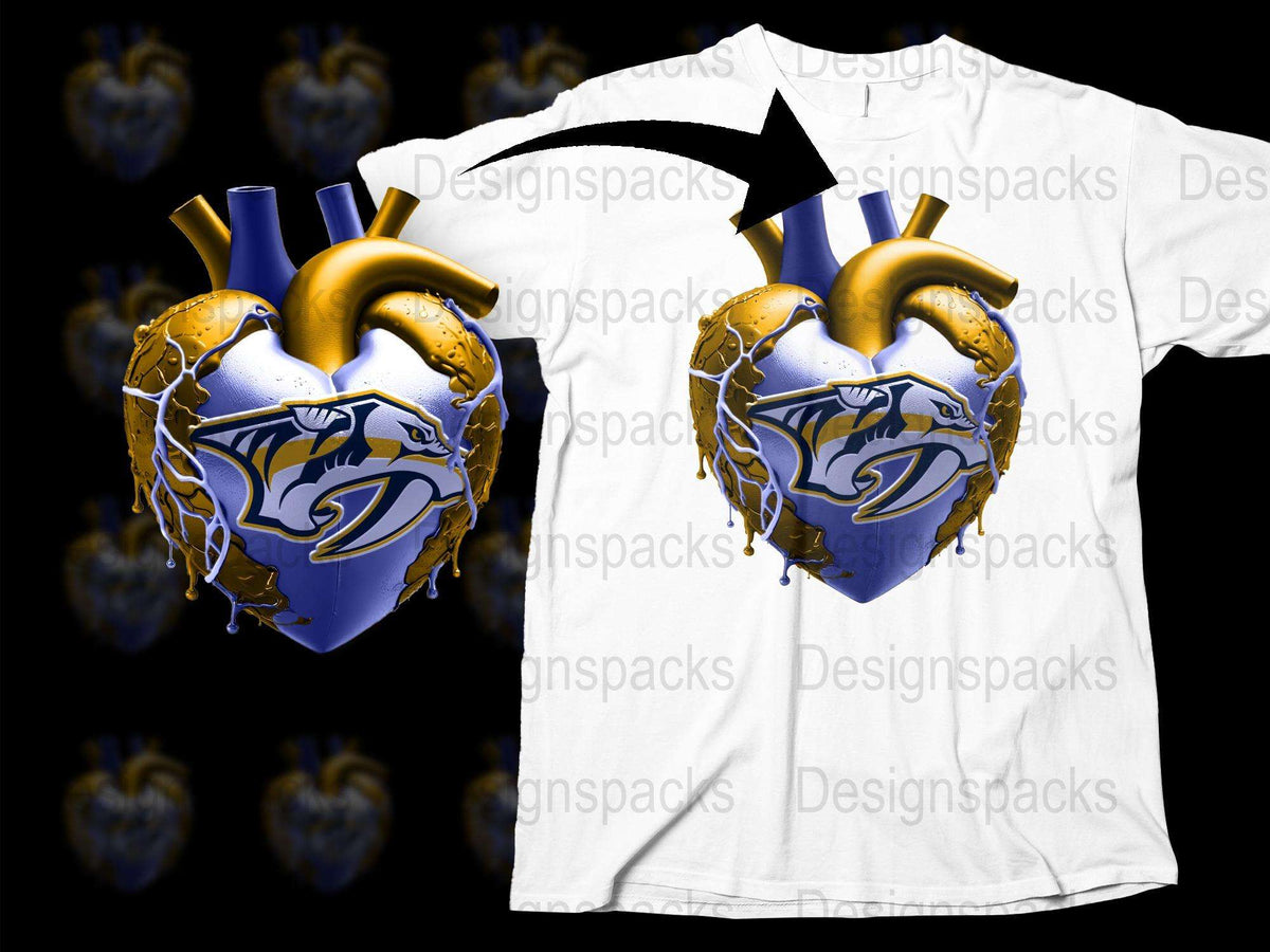 Unique Graphic T-Shirt with Blue and Gold Heart Design, Stylish Casual Wear