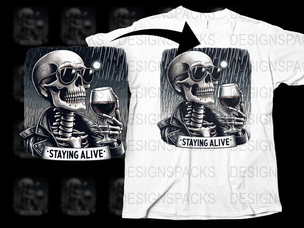 Skeleton Drinking Wine T-Shirt, Staying Alive Funny Graphic Tee, Unique Skull Design Shirt for Wine Lovers