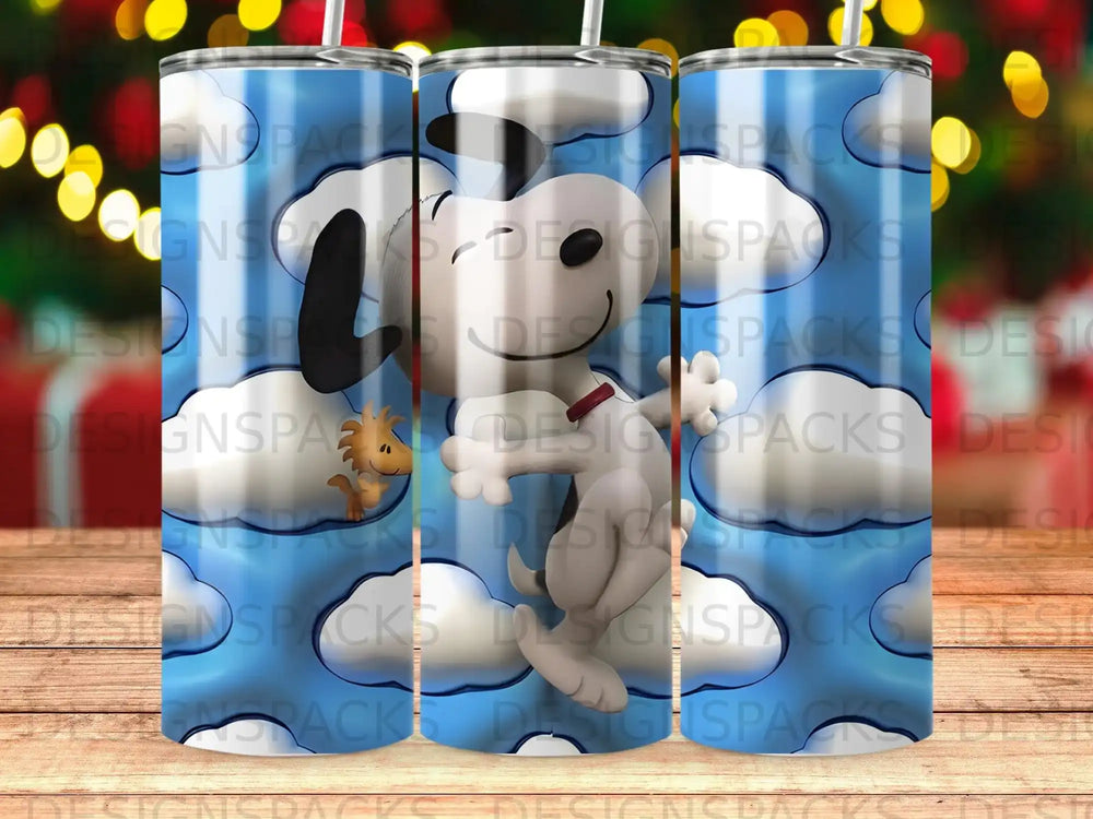 Snoopy in the sky with clouds, on a blue and white striped tumbler.