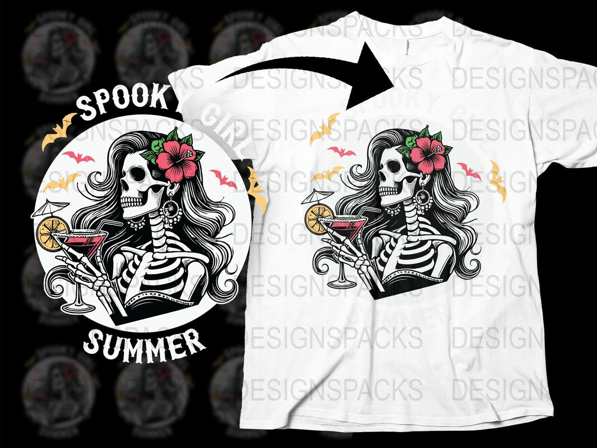 Spook Summer Skeleton T-Shirt, Floral Skull Design, Gothic Beach Party Tee, Unisex Fashion