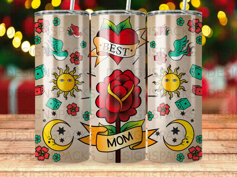 Tattoo-style tumbler with rose, heart, sun, moon, and "Best Mom" text.