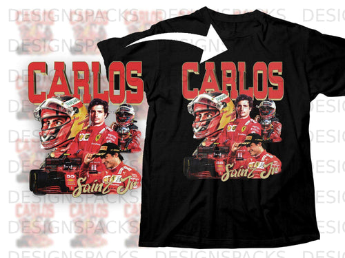 Carlos Sainz t-shirt with Ferrari driver portrait and sponsor logos.