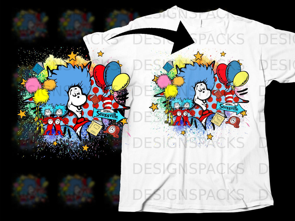 Thing 1 and Thing 2 with Seussville sign and balloons on a white shirt.