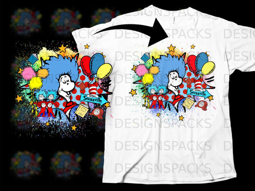 Thing 1 and Thing 2 with Seussville sign and balloons on a white shirt.