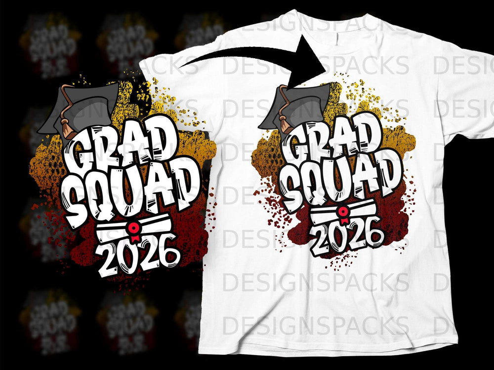 White t-shirt with "Grad Squad 2026" graphic featuring a graduation cap.