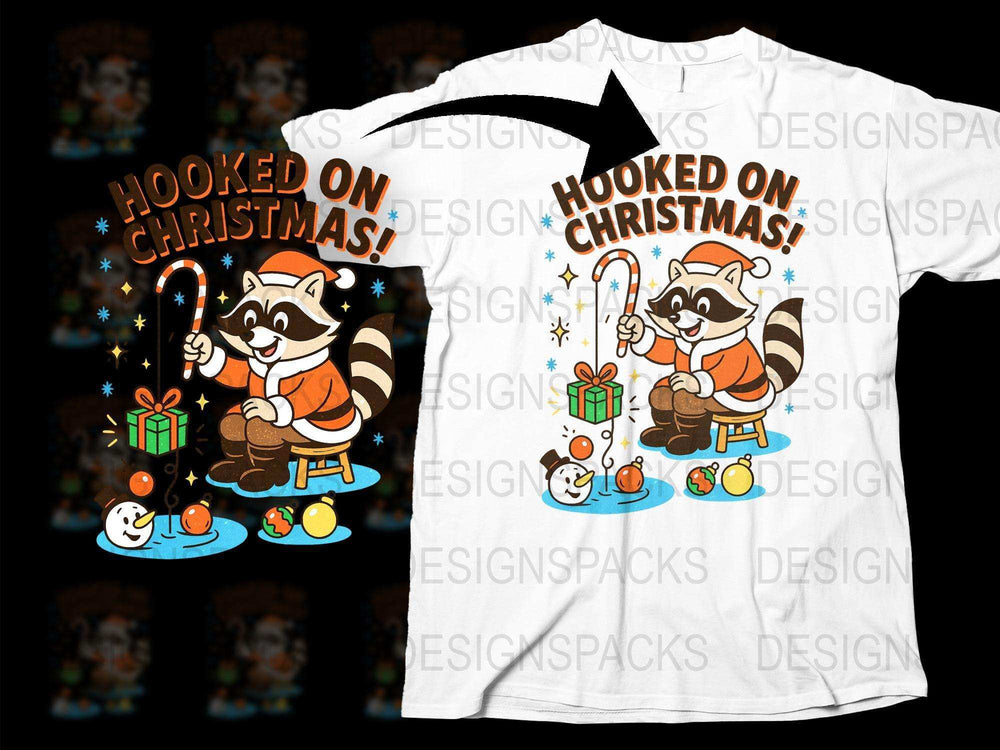 Hooked on Christmas Raccoon T-Shirt, Cute Holiday Animal Tee with Candy Cane and Gifts Design