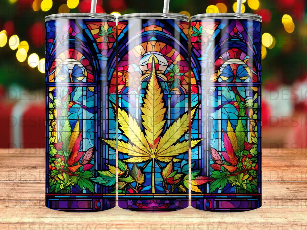 Stained glass pattern with marijuana leaf and colorful border.