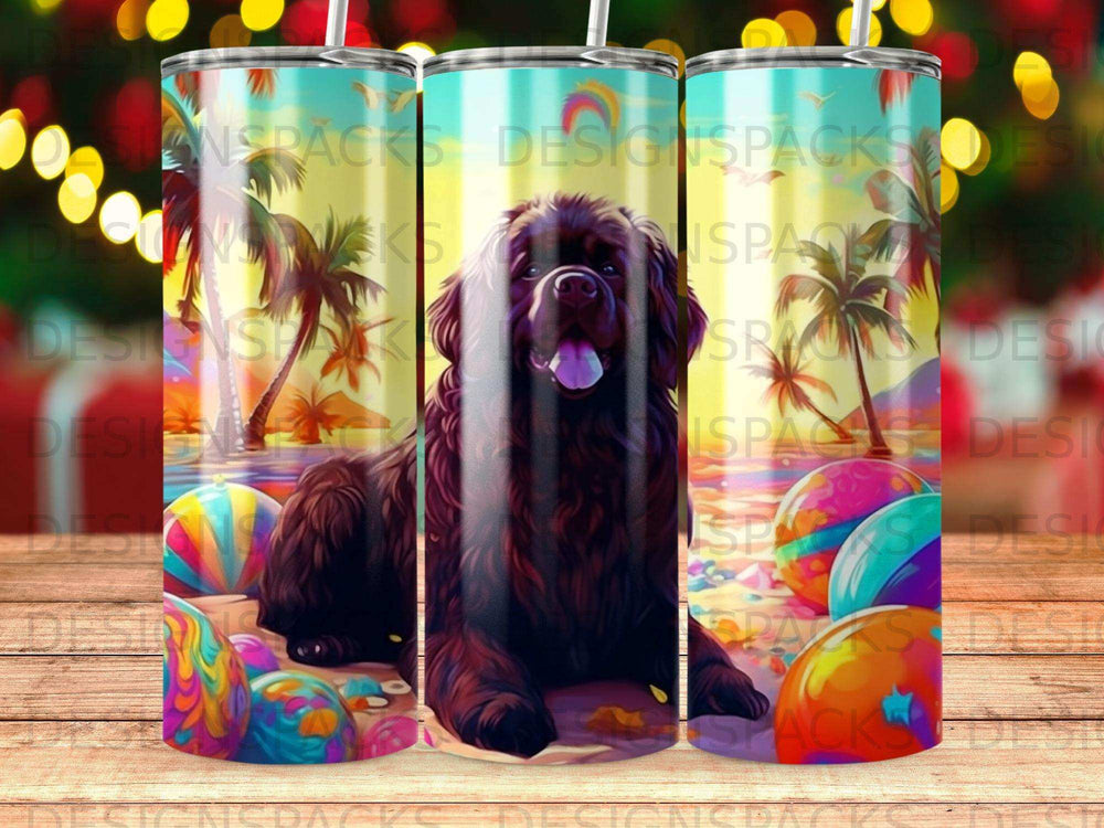 Black Newfoundland dog on a beach with colorful beach balls and palm trees.