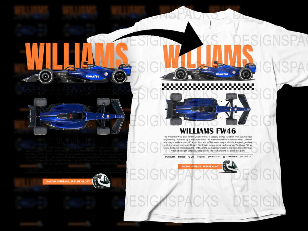 Williams FW46 Racing Car T-Shirt, Formula One Fan Apparel, Motorsport Graphic Tee, Collector's Item Racing Merchandise