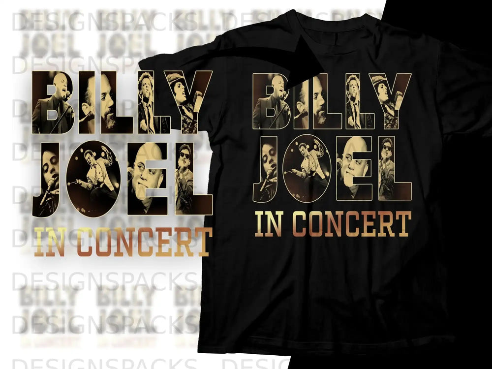 Billy Joel "In Concert" t-shirt with graphic collage of Billy Joel.