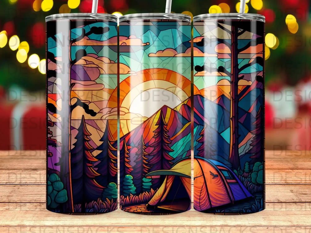 Colorful stained-glass style mountain landscape with tent at sunset.