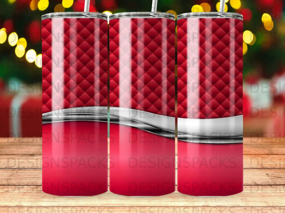 Three red tumblers with a quilted pattern and silver band.