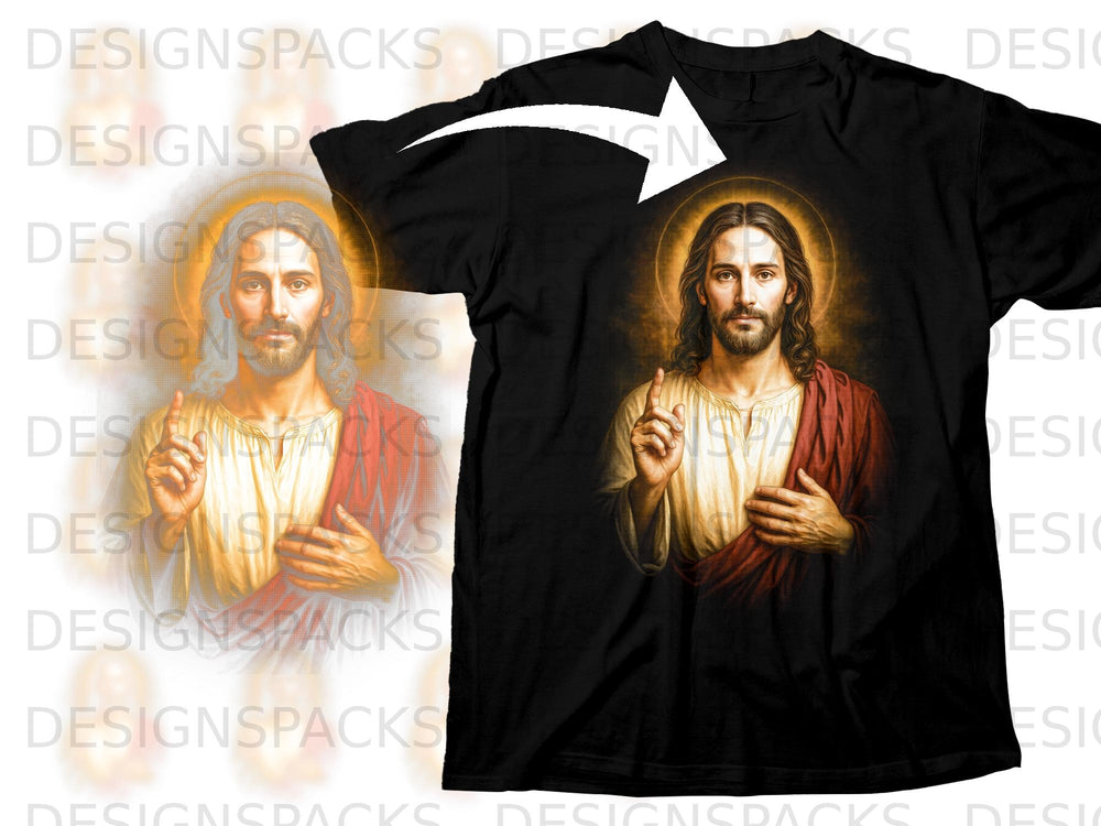 Black t-shirt with a painting of Jesus Christ with a halo.