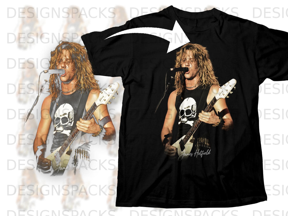 Black t-shirt with James Hetfield graphic, skull, and Gibson guitar.