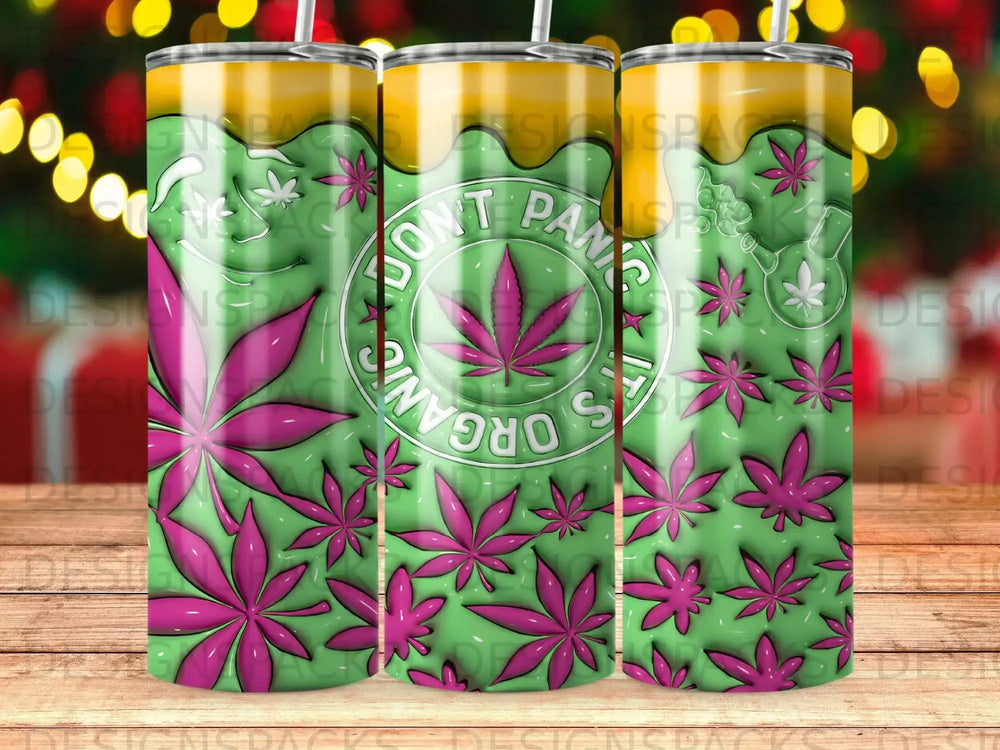 Green tumbler with purple cannabis leaves and "Don't Panic Organic" text.