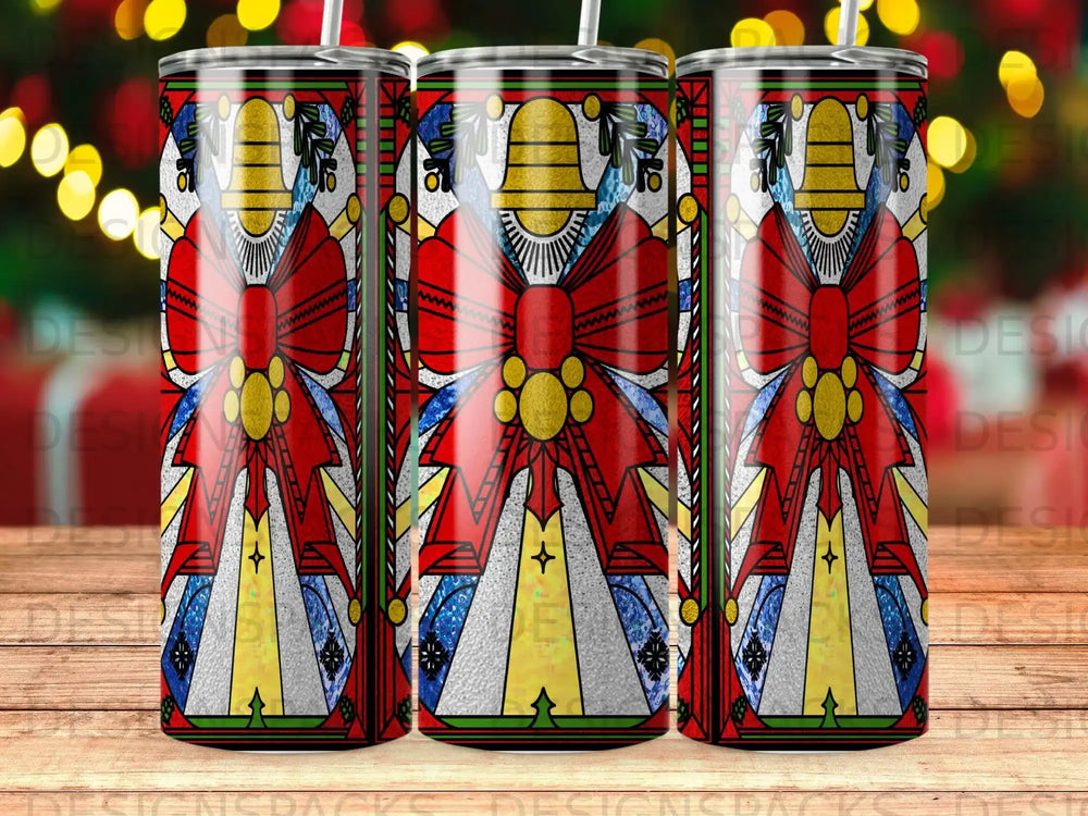 Three tumblers featuring a stained-glass-style Christmas bow design.