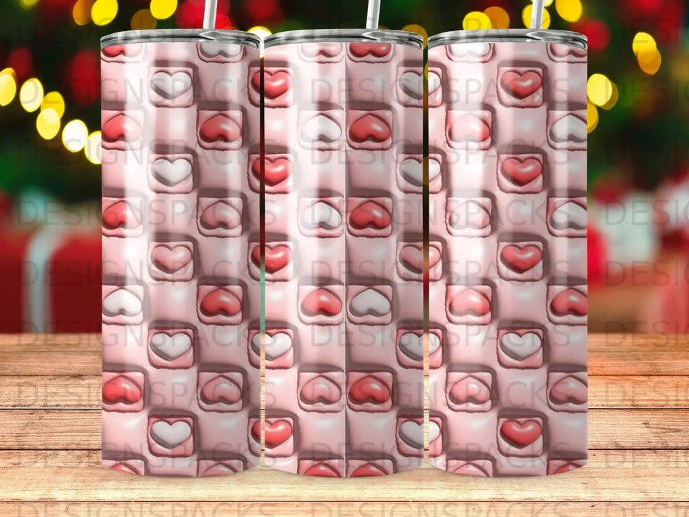 Pink tumbler with repeating heart pattern and checkered background.