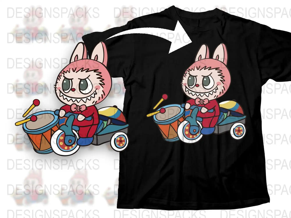 Cute Rabbit Drummer T-Shirt, Colorful Cartoon Bunny Band Design, Unisex Cotton Tee, Vibrant Music Themed Graphic Shirt