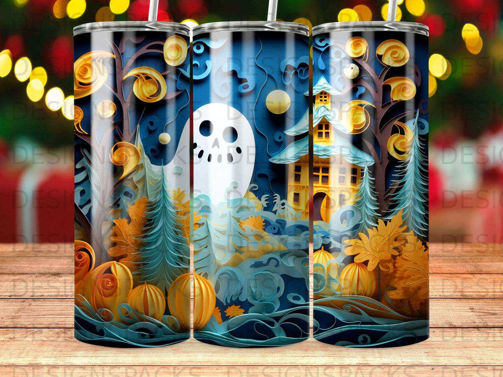 Spooky Halloween tumbler design with ghost, pumpkin, and haunted house.