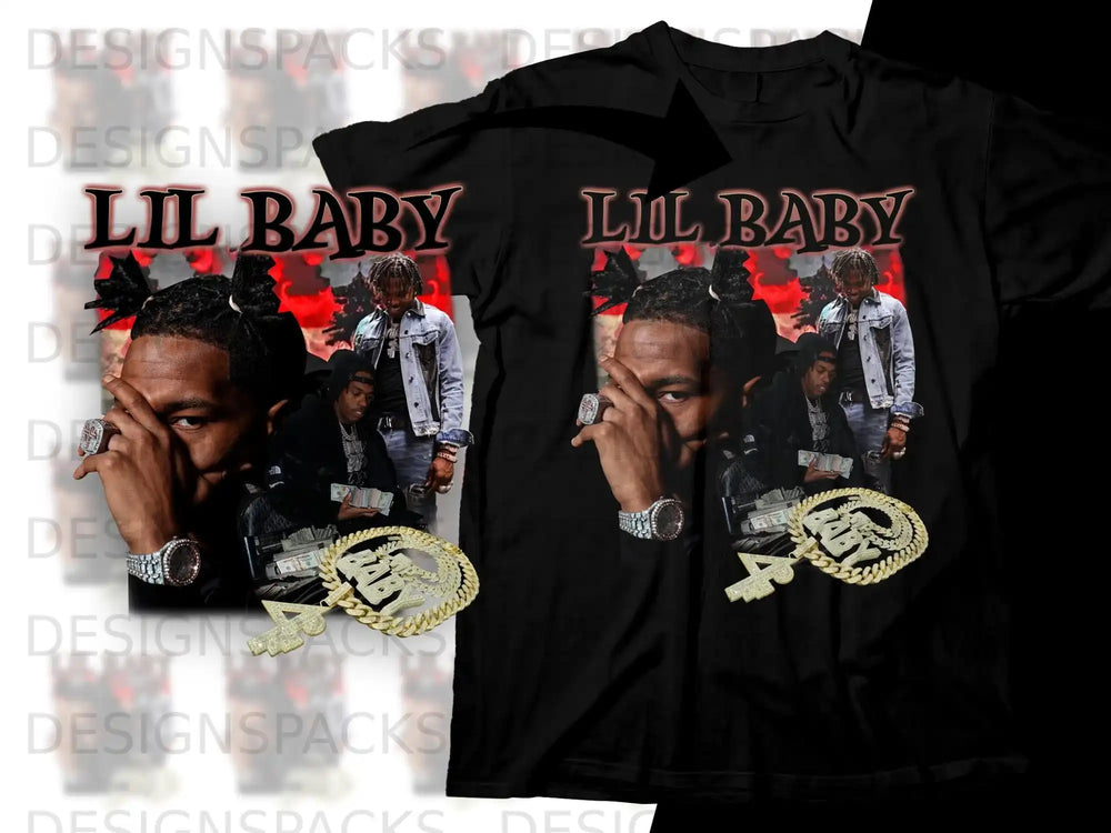 Black t-shirt with "Lil Baby" text and rapper's portrait collage.