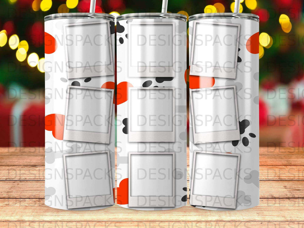 Three tumblers with a red heart and black splat pattern.