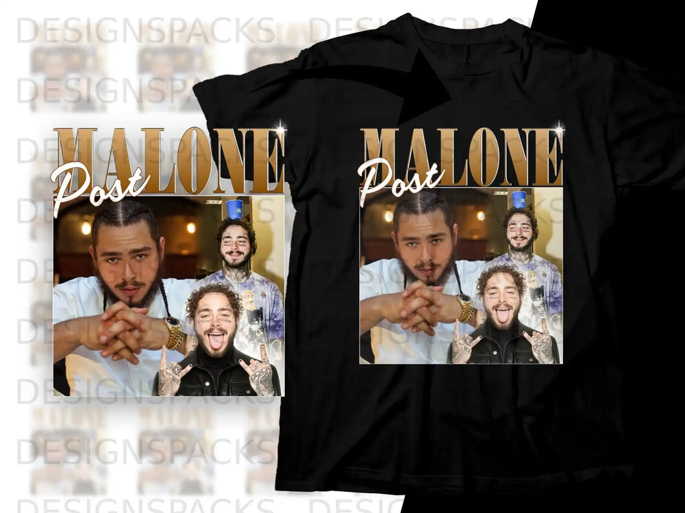 T-shirt with Post Malone collage graphic featuring two photos and text.
