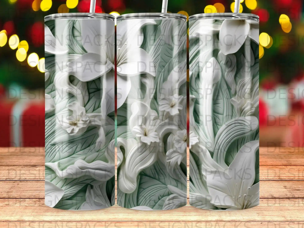 White embossed floral pattern on a light green background, three tumblers shown.