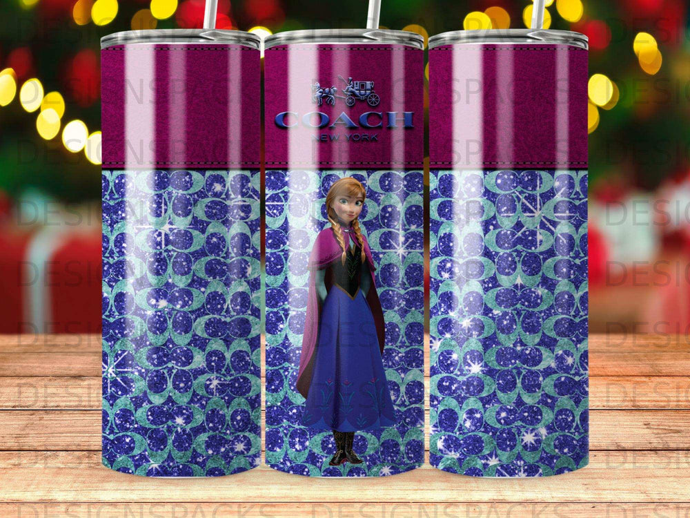 Anna from Frozen and Coach New York logo on a purple and teal glittery tumbler.