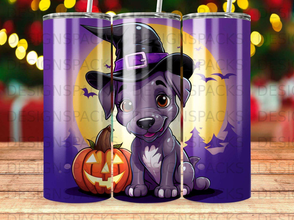 Halloween dog in witch hat with jack-o'-lantern, purple and yellow background.