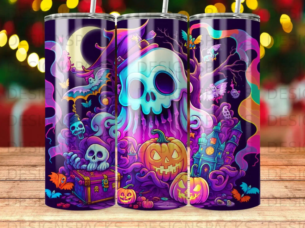 Spooky Halloween tumbler with skulls, pumpkins, ghosts, and castle.