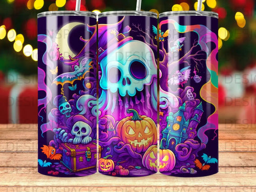Spooky Halloween tumbler with skulls, pumpkins, ghosts, and castle.