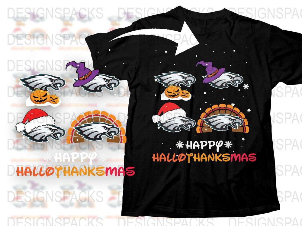 Happy Hallothanksmas T-Shirt, Santa Hat Turkey, Ghost Pumpkin Tee, Holiday Celebration Shirt, Festive Graphic Tee for All Season
