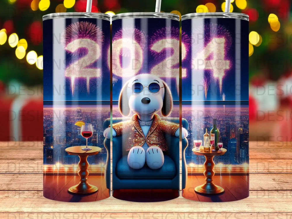 Snoopy in a sequined jacket sits in a chair with drinks and fireworks.