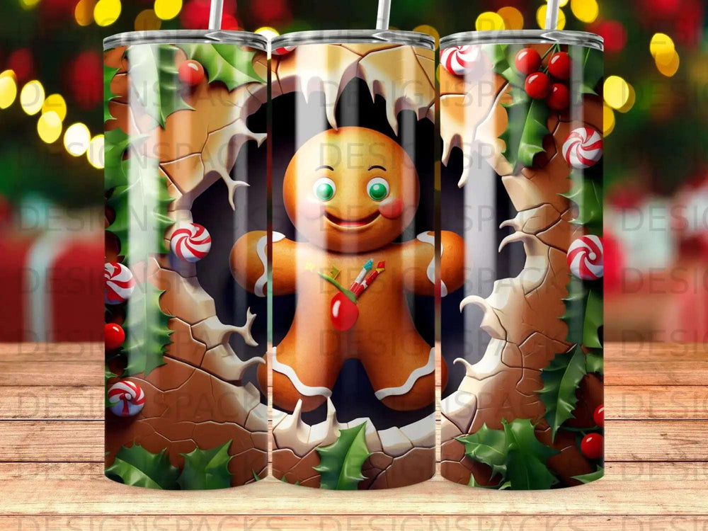 Gingerbread man peeking through cracked icing, surrounded by holly and candy canes.